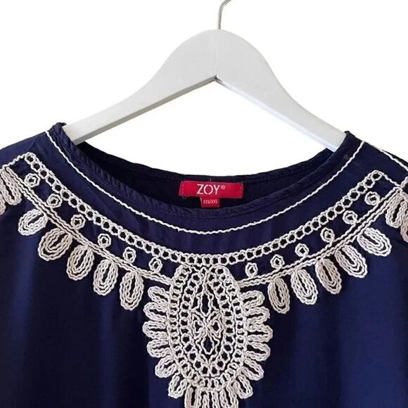 ZOY  Women’s Navy Embroiderer Crewneck Short Sleeves Blouse SZ XXL #1072 - Picture 2 of 13